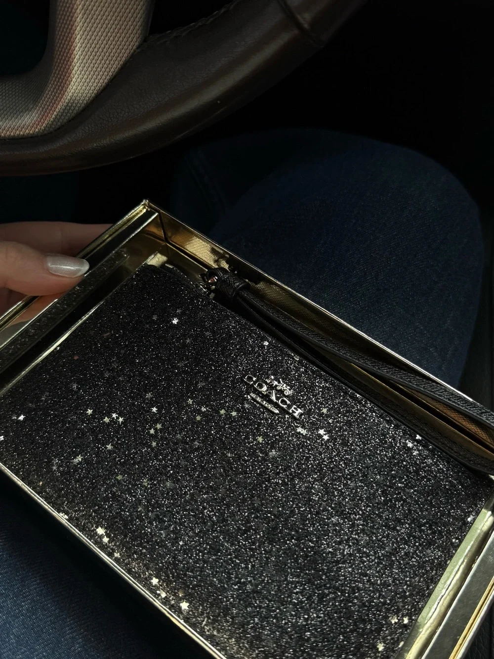 NWT Coach Black Star Glitter Wristlet Zip Pouch Wallet Clutch w/ Gift Box